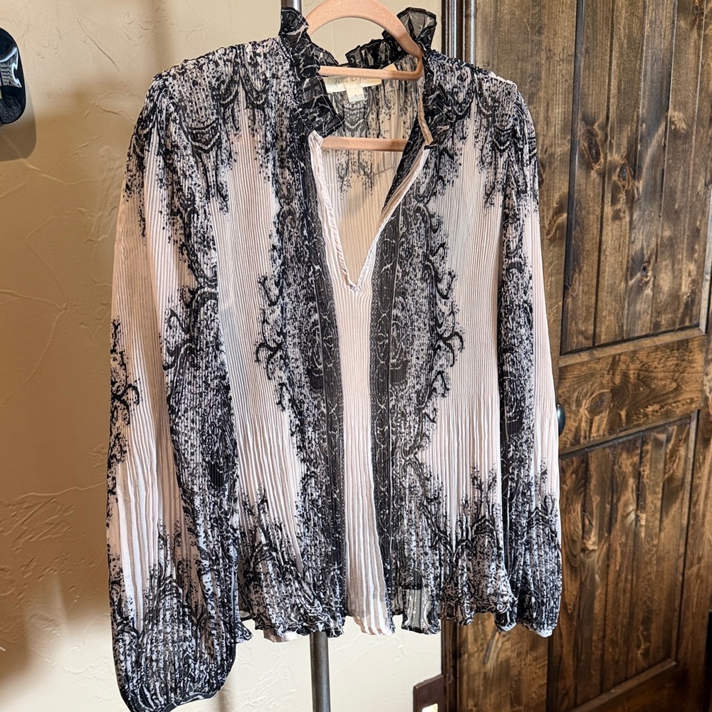 Sheer Black & Cream Printed Ruffle Neck Blouse